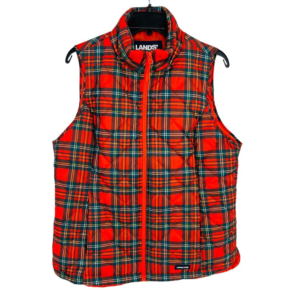 Lands End Plaid Quilted Puffer Vest Womens Sz M Red Green Holiday Christmas